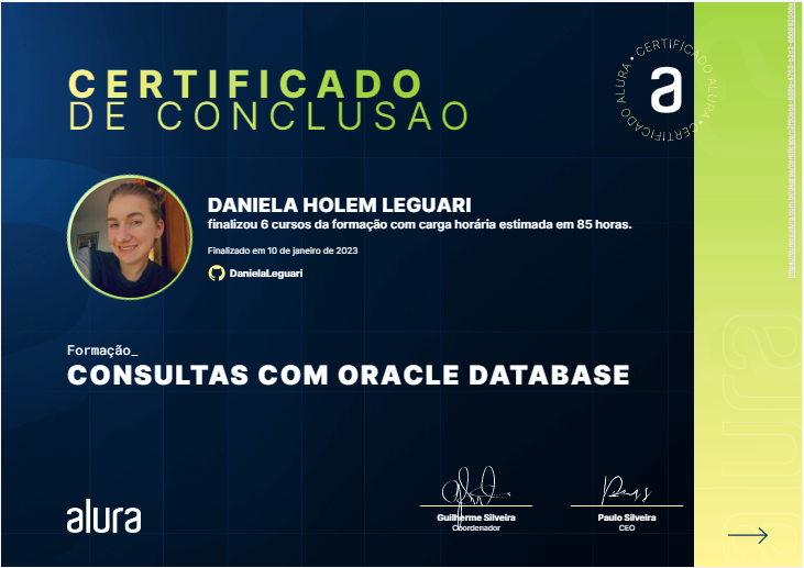 Certificado Formação Oracle da Alura